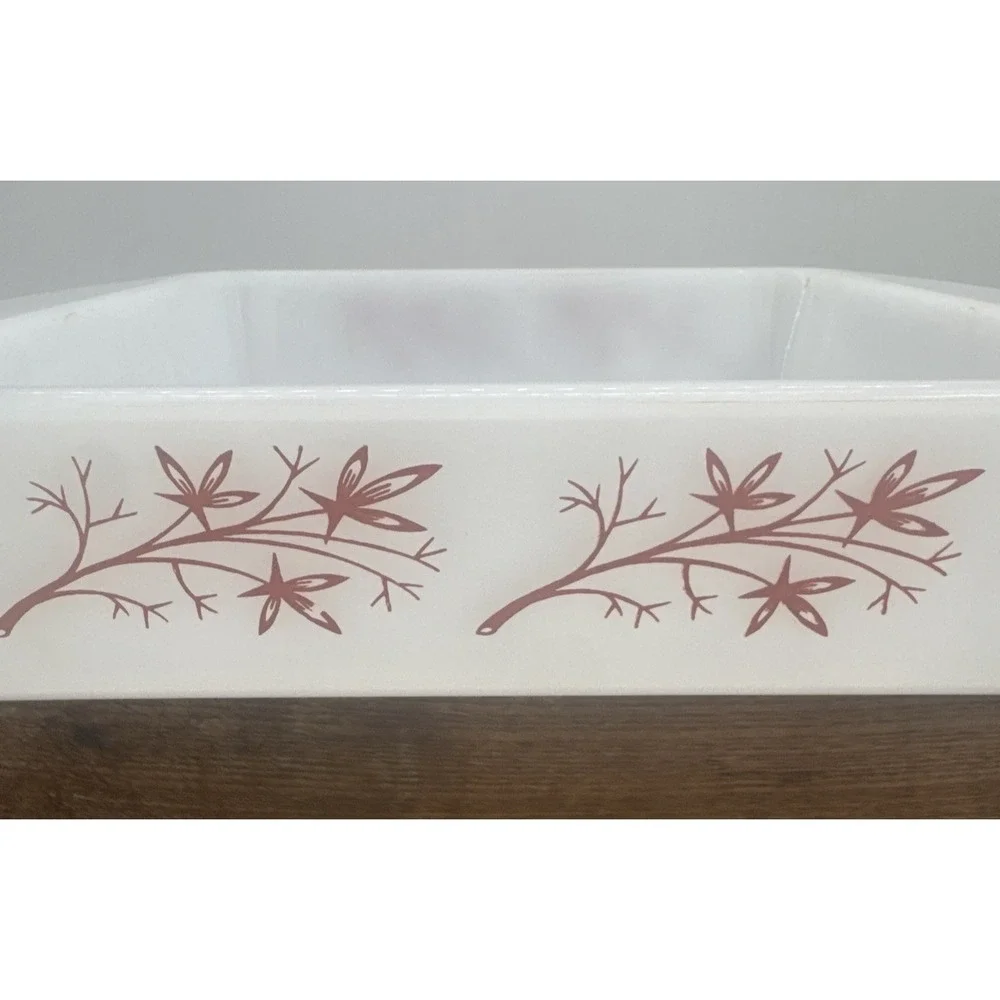 Vintage Glasbake J-247-14 Casserole Dish Tree Branch White Milk Glass Baking